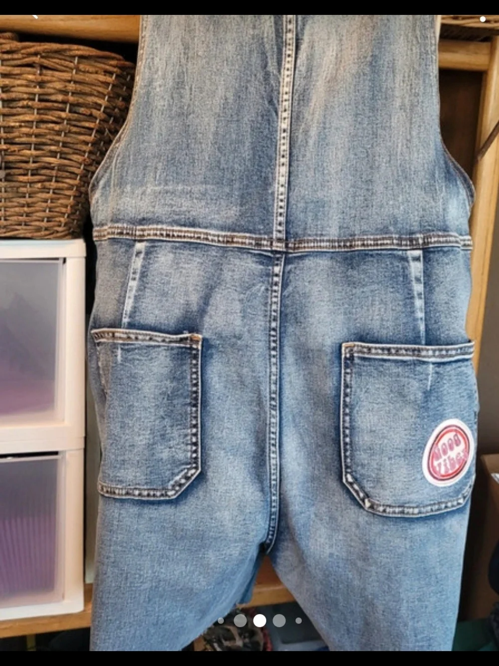 Women's Blue Denim Short Overalls with Embroidered Patches